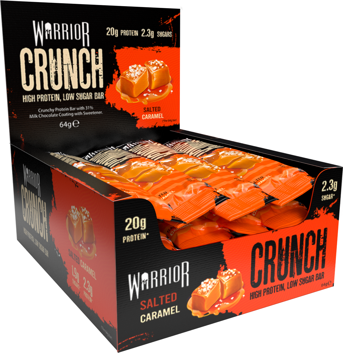Warrior Crunch Salted Caramel flavour bar box, 31% milk chocolate coating with 20g protein and 2.3g sugars per bar