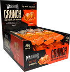 Warrior Crunch Salted Caramel flavour bar box, 31% milk chocolate coating with 20g protein and 2.3g sugars per bar
