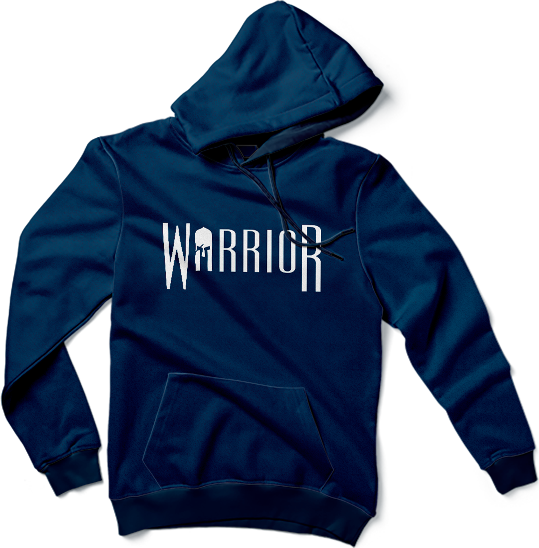 Warrior Hoodie in Navy, flat lay front view with White Warrior logo on chest