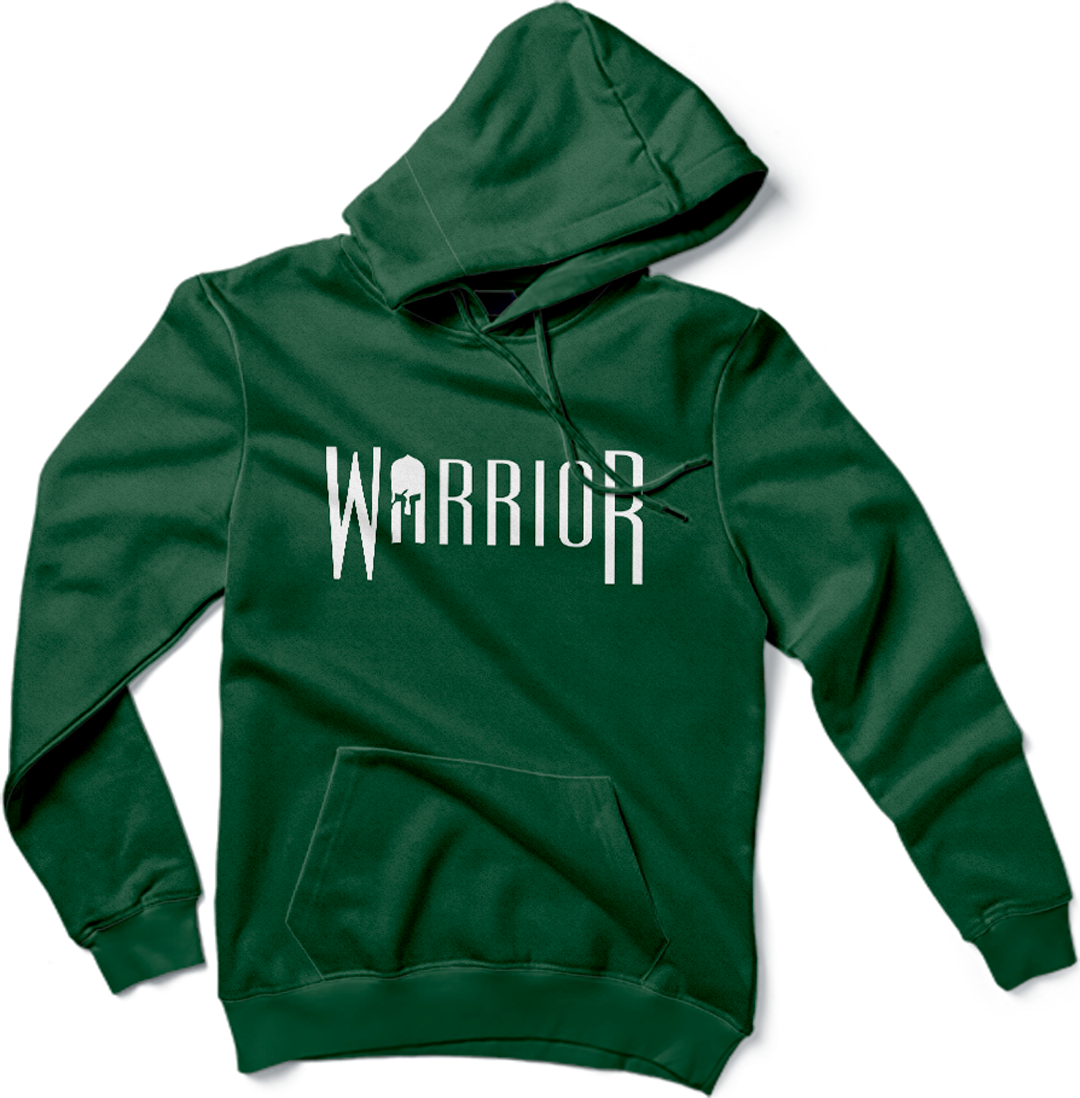 Warrior Hoodie in Green, flat lay front view with White Warrior logo on chest