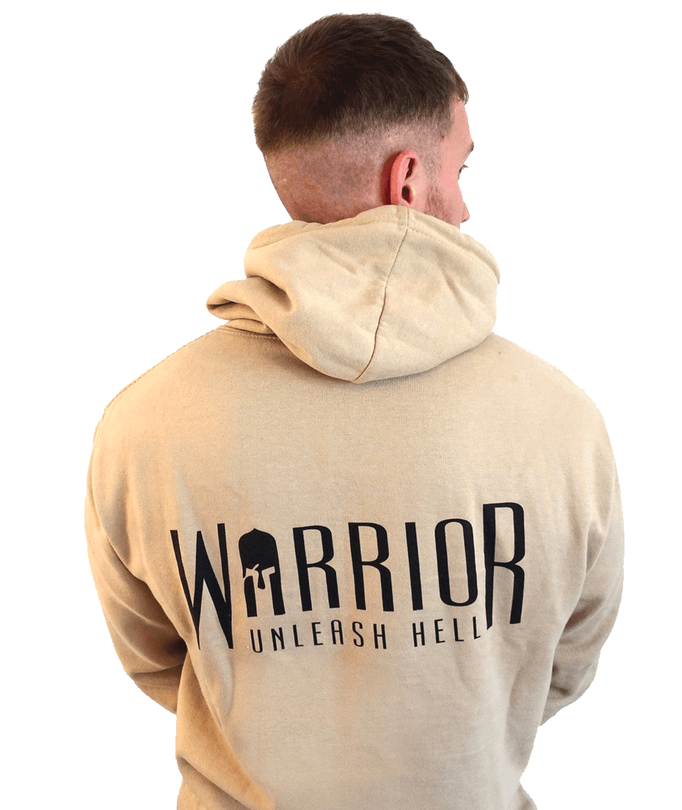 Warrior Hoodie in Desert Sand, worn on model, back view showing Warrior logo and Unleash Hell text