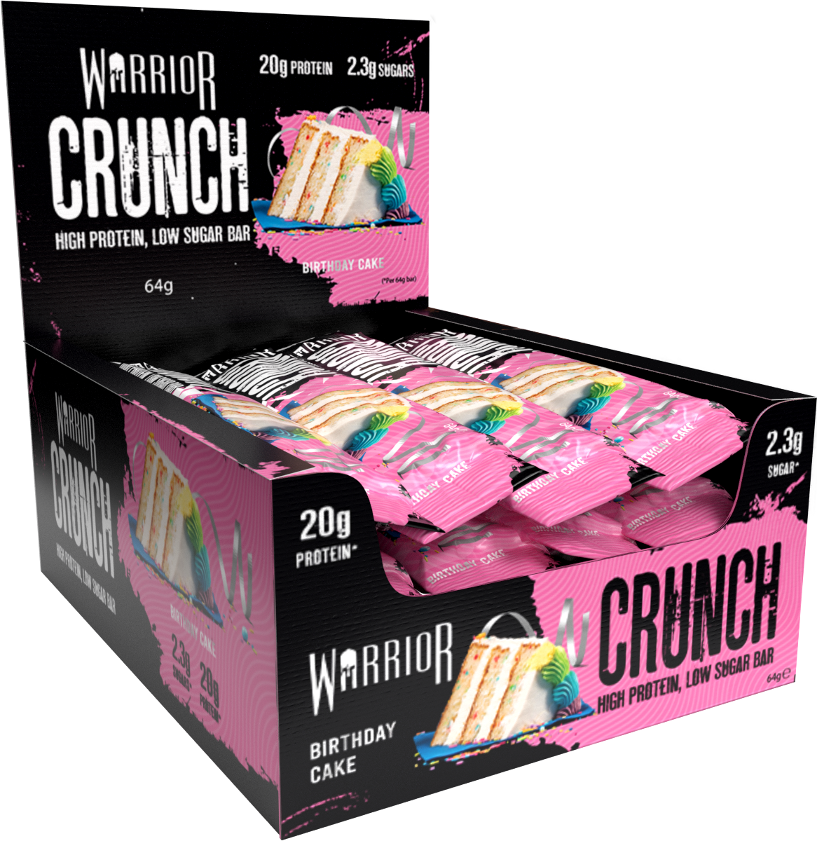 Warrior Crunch White Chocolate protein bar wrapper, showing High Protein, Low Sugar and Halal Certified badges.