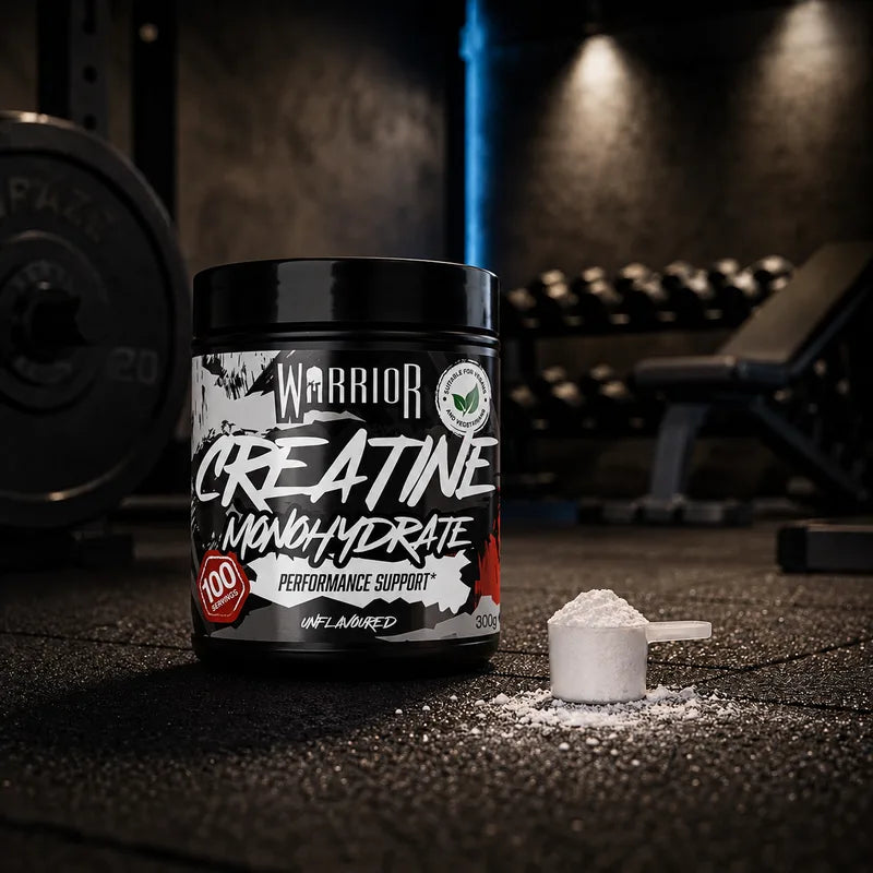 Warrior Creatine Monohydrate 300g tub, Unflavoured, grey camouflage label, 100 servings, performance support